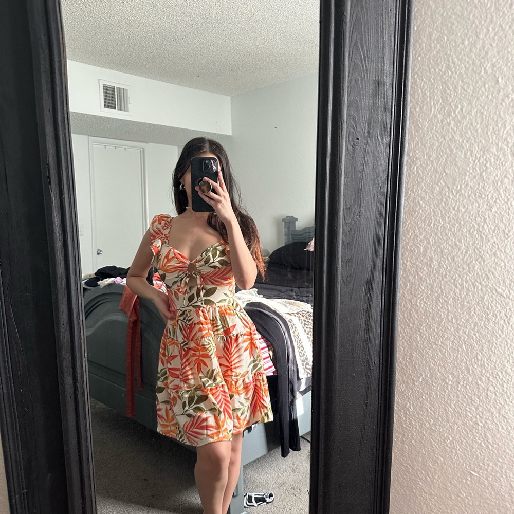 Madden NYC Orange Pink Mini Sundress with Sweetheart Neckline